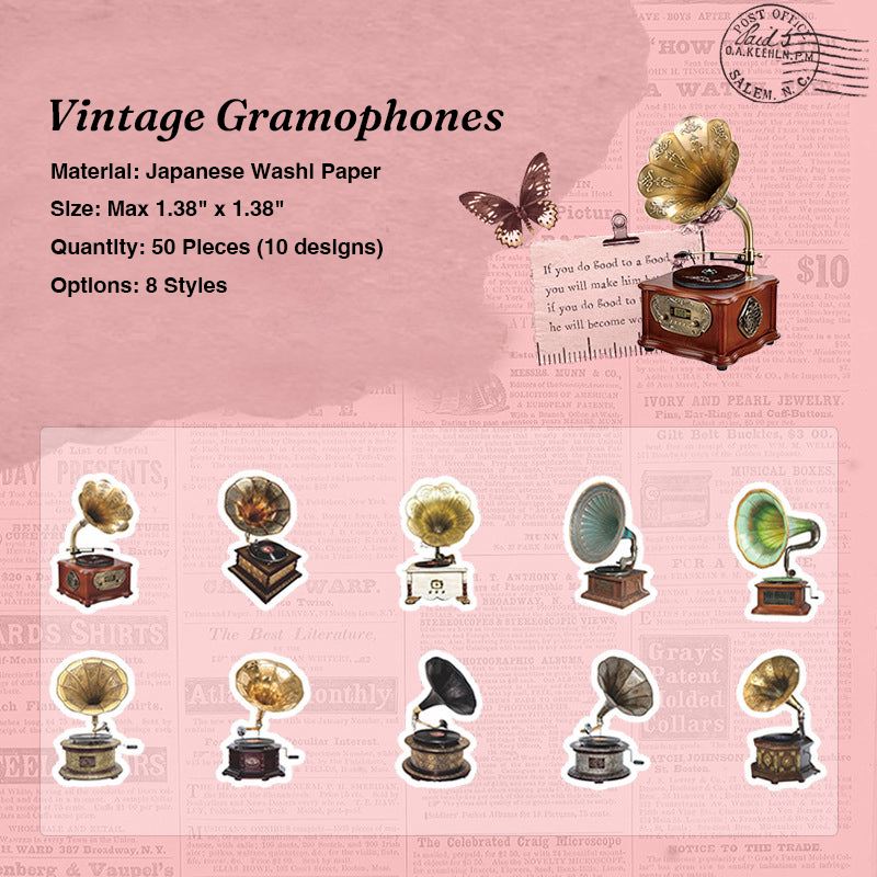 Vintage gramophones and record players sticker roll