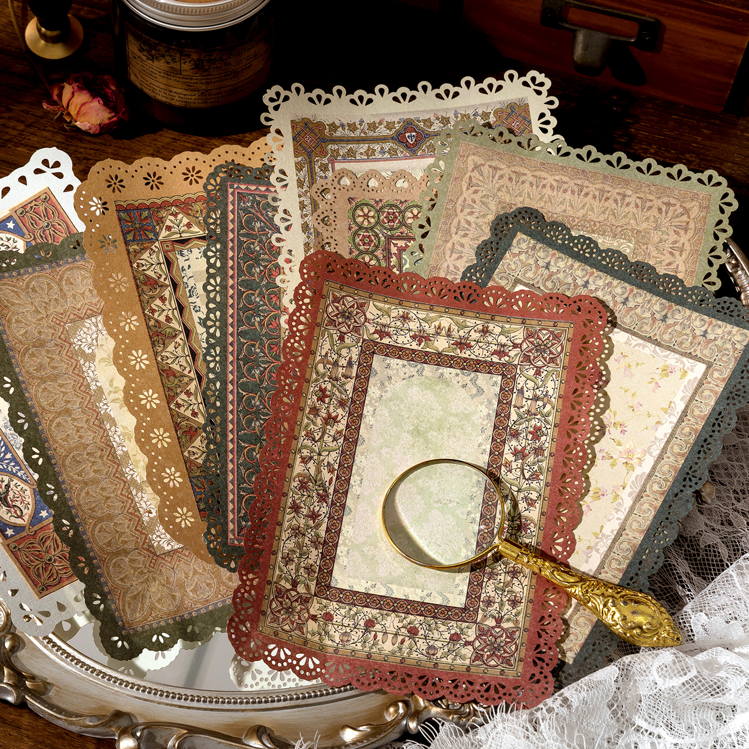 Secret Language laser cut vintage lace paper pack with aged paper background — PaperLooms