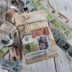 Close-up of die-cut vintage ticket washi tape showing easy-peel design