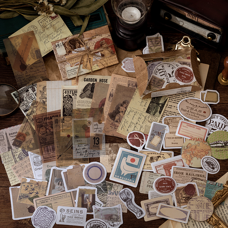 Close-up of vintage mixed media sticker sheets and textures