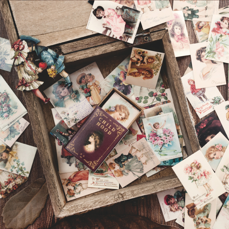 Vintage mini card collection with 100 storytelling art pieces in ATC size for journaling