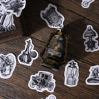 Black and white vintage sticker pack with retro camera and watch designs