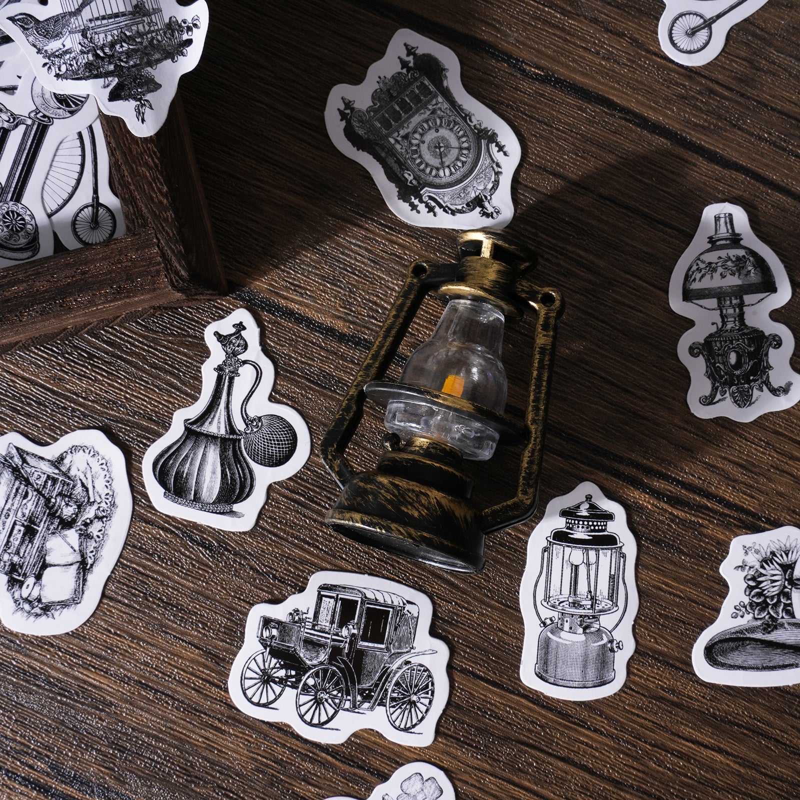 Black and white vintage sticker pack with retro camera and watch designs