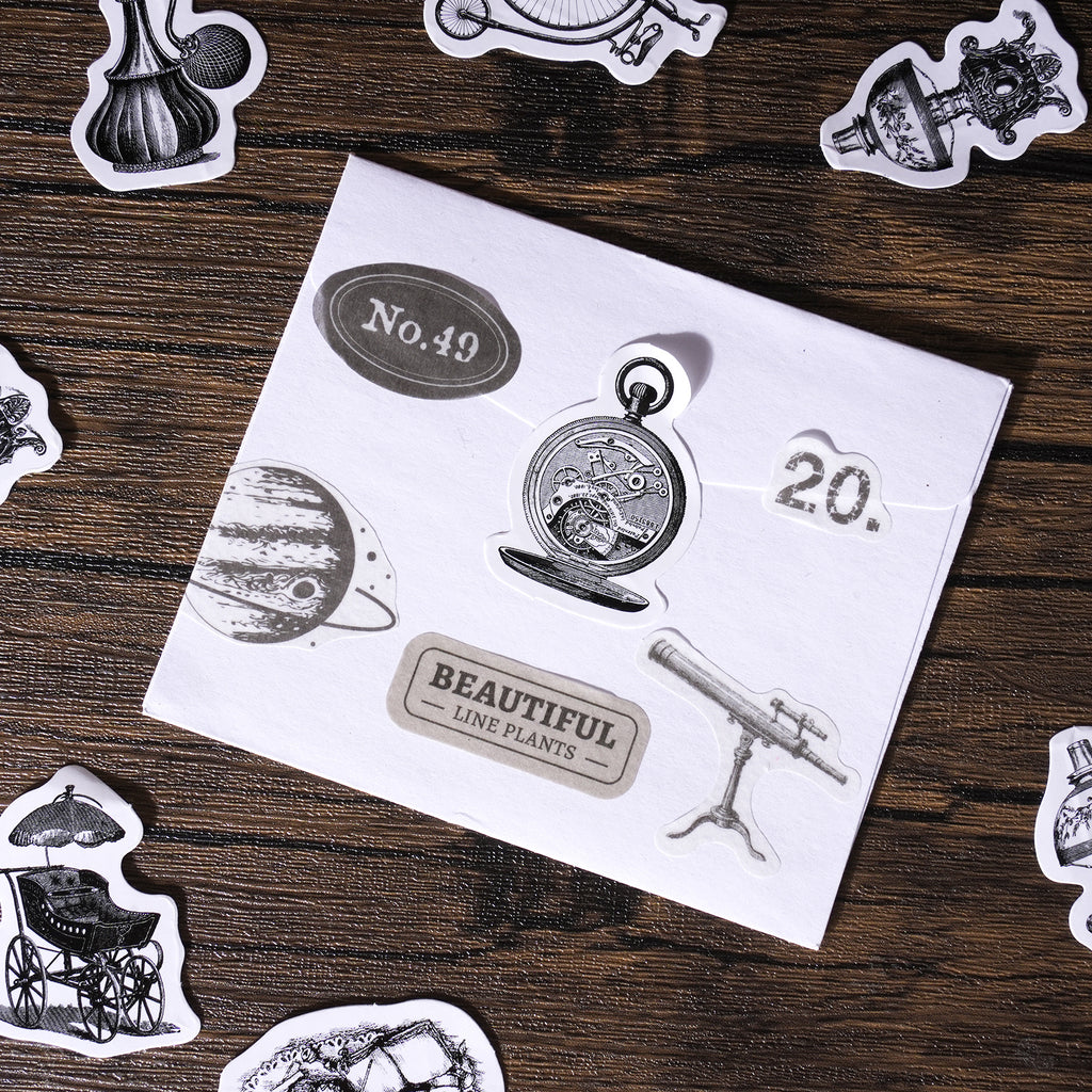 Monochrome sketch stickers featuring vintage objects and retro illustrations