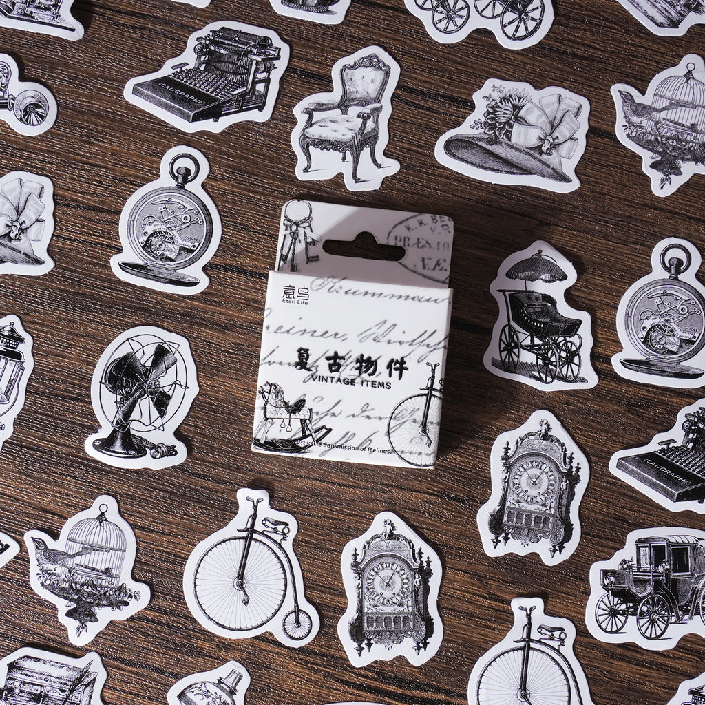 Vintage object sketch stickers 42pc black and white retro collection