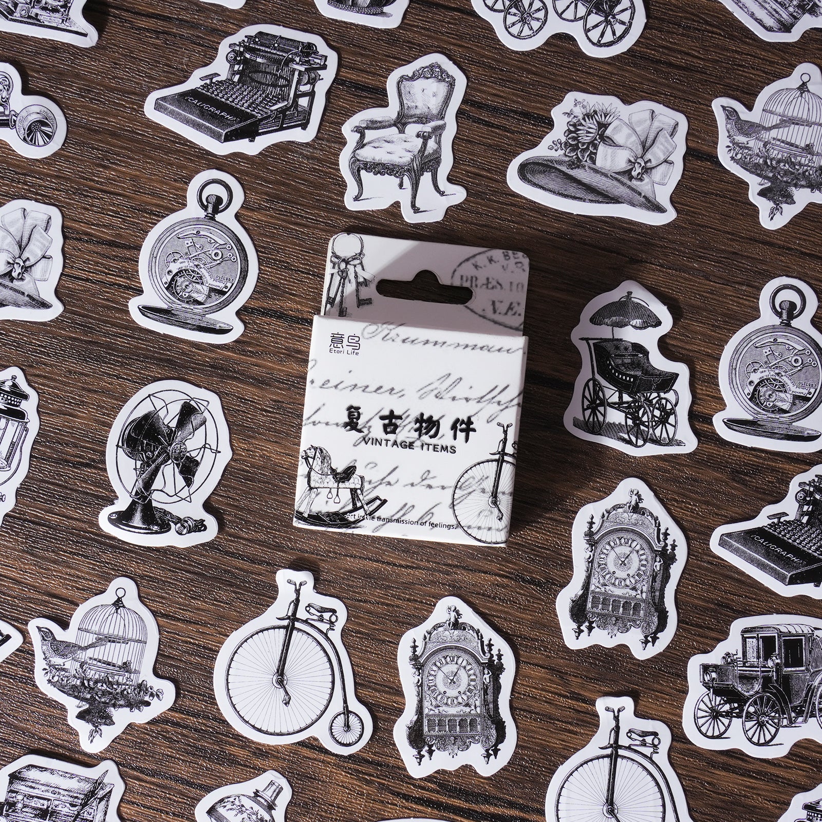 Vintage object sketch stickers 42pc black and white retro collection