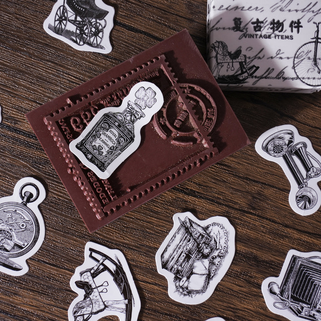 42 piece black white retro sticker set with hand-drawn vintage objects