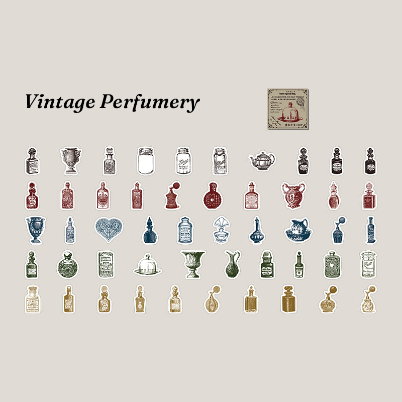 Vintage perfumery and elegant bottle sketch stickers for minimalist bullet journal