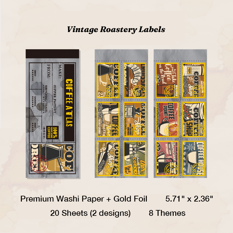 Vintage roastery labels and retro coffee logo ephemera stickers