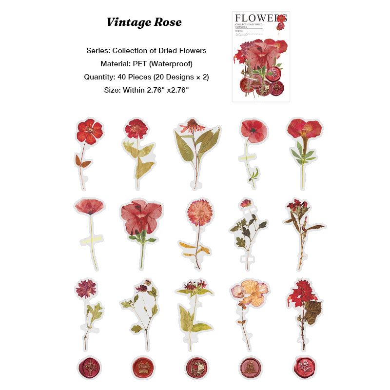 Red and pink rose stickers realistic pressed flower decal for vintage scrapbooking