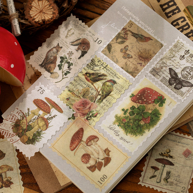 Vintage stamp sticker pack - 60pc botanical and retro collection showcase