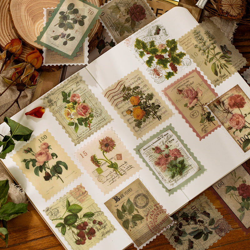 Acid-free vintage stamp stickers - removable botanical designs for journaling