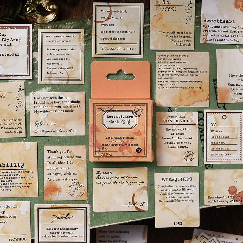 "46-piece vintage sticker collection box for scrapbooking and journaling"