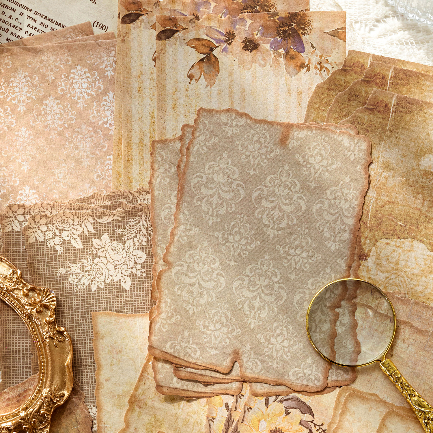 Close-up of vintage watercolor paper with distressed torn edges