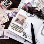 Close-up of vintage world postal stickers showing detailed stamp designs and cool colors