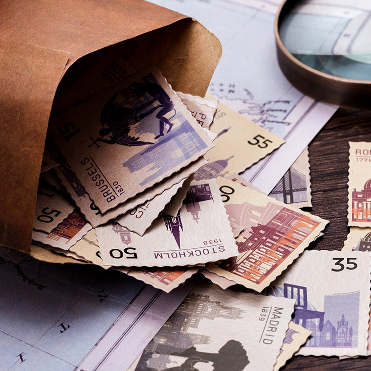 Cool-toned postal stamp sticker collection perfect for travel journals and scrapbooking