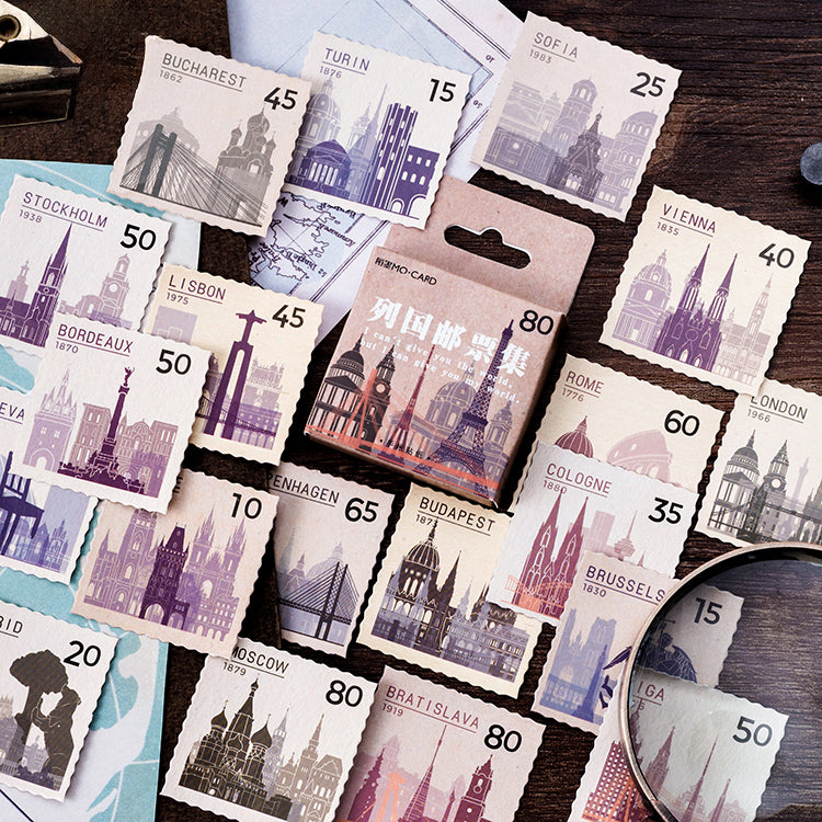 Vintage world stamp stickers featuring 46 cool-toned international postal designs