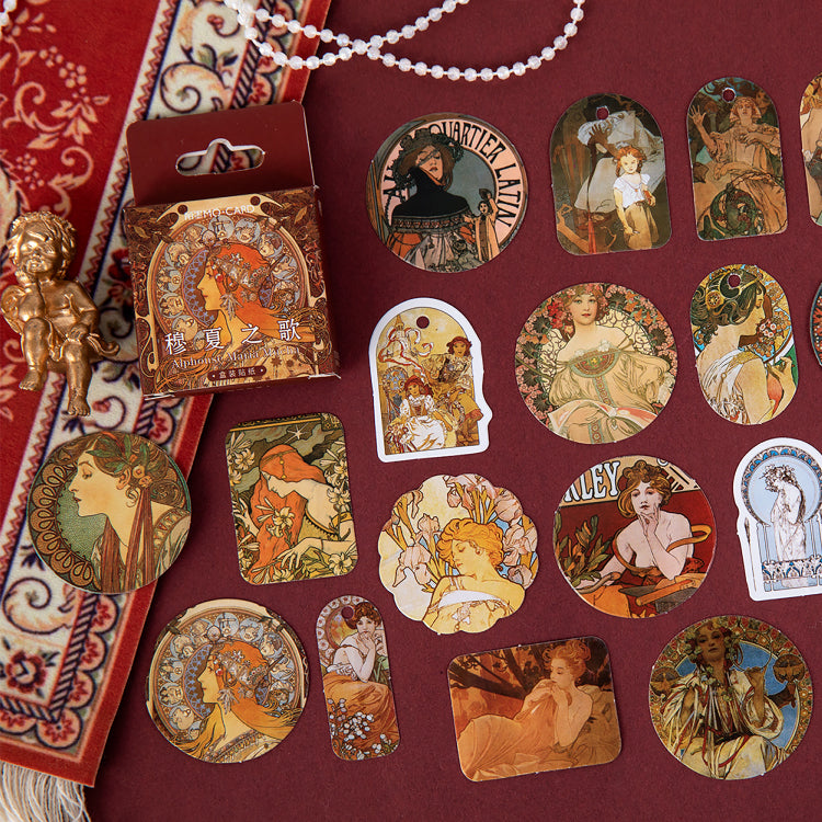 Vintage Art Nouveau decorative stickers featuring Mucha's iconic flowing designs for bullet journals
