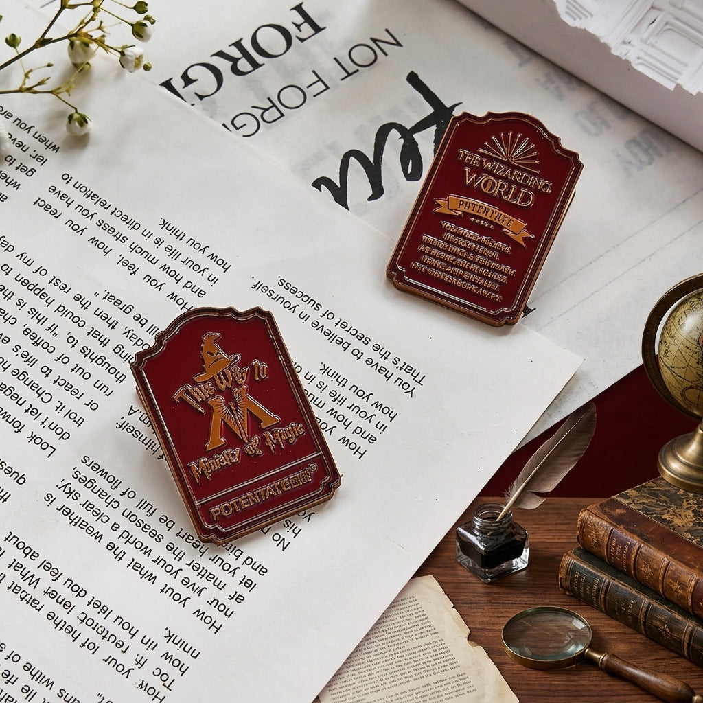 Red embossed magic binder clips with fountain pen on desk