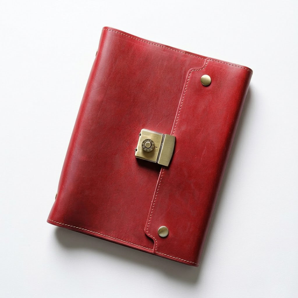 Vintage Burgundy genuine leather password journal, elegant locking diary with beautifully aged compass design for personal reflections.