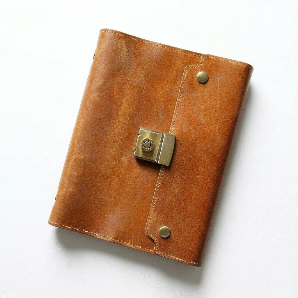 Vintage Cognac rustic leather travel journal with a secure 3-digit lock and aesthetic compass embossing for explorers and adventurers.