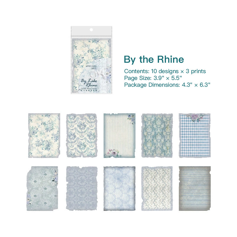 Blue-green vintage paper sheets with floral, lace, and gingham patterns, ten designs with aged burnt edges displayed in a clear pack.