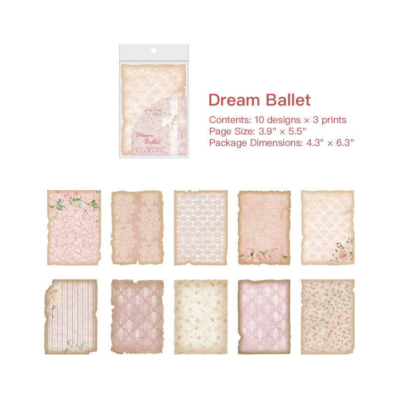 Pink vintage paper sheets with rose florals, lace, and stripes, ten soft designs with timeworn burnt edges in a clear pack.
