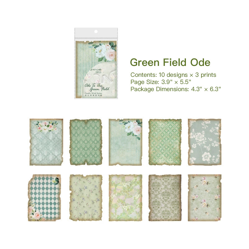 Sage-green vintage paper sheets with floral, argyle, and striped patterns, ten designs with aged burnt edges in a clear pack.