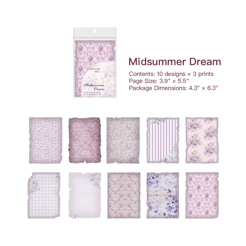 Lavender vintage paper sheets with floral, gingham, and lace patterns, ten dreamy designs with timeworn burnt edges in a clear pack.
