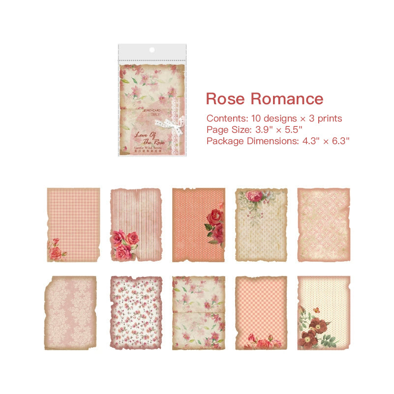 Rose-pink vintage paper sheets with checkered, polka dot, and lace patterns, ten romantic designs with timeworn burnt edges.