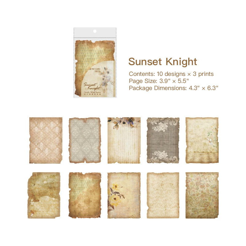 Warm-brown vintage paper sheets with floral, lace, and distressed patterns, ten earthy designs with timeworn burnt edges.