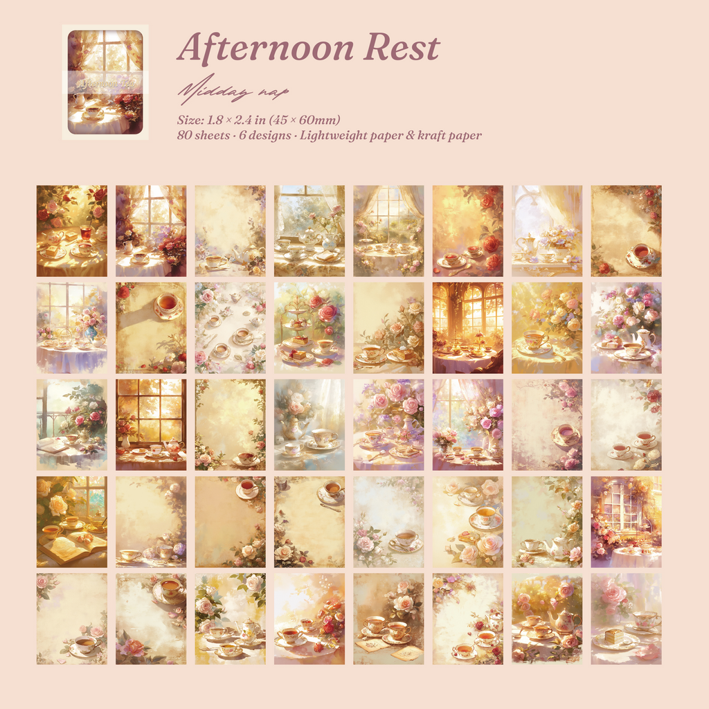 Afternoon Rest vintage ephemera cards with 80 sheets of tea sets, pastries, and cozy indoor scenes in soft pastels.