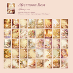 Afternoon Rest vintage ephemera cards with 80 sheets of tea sets, pastries, and cozy indoor scenes in soft pastels.