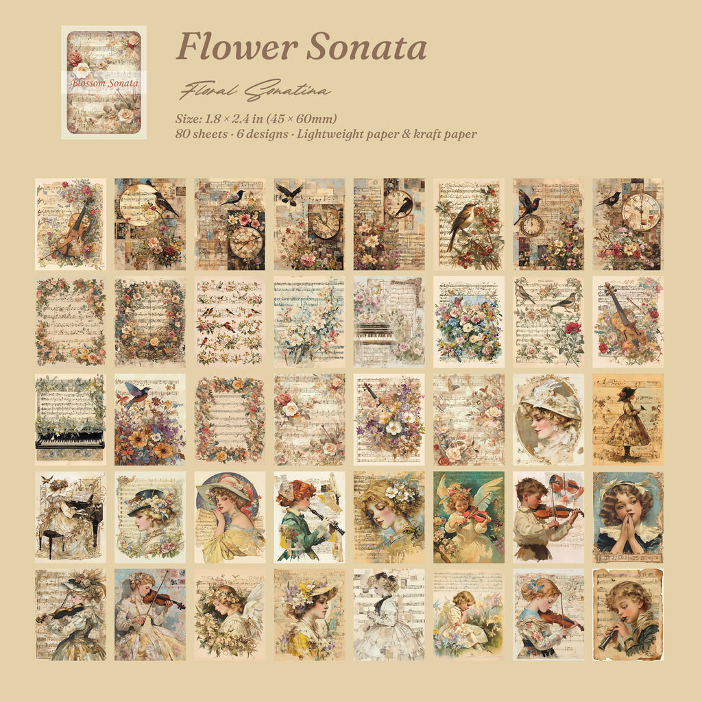 Flower Sonata ephemera card set with 80 sheets of blooming florals, bouquets, and garden botanical prints.