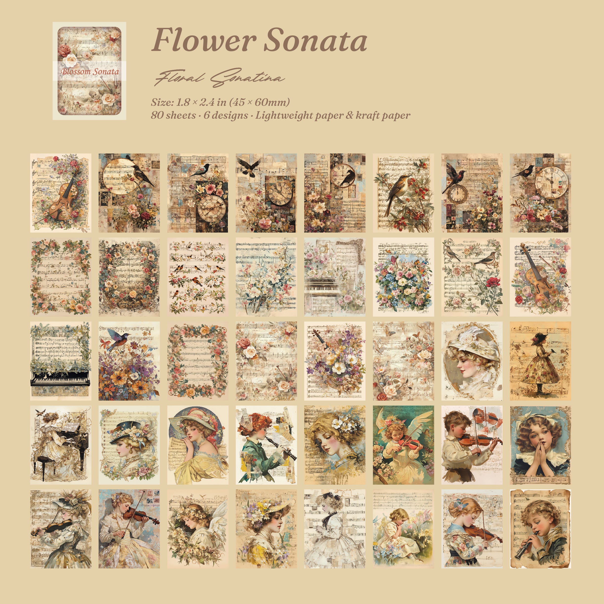 Flower Sonata ephemera card set with 80 sheets of blooming florals, bouquets, and garden botanical prints.