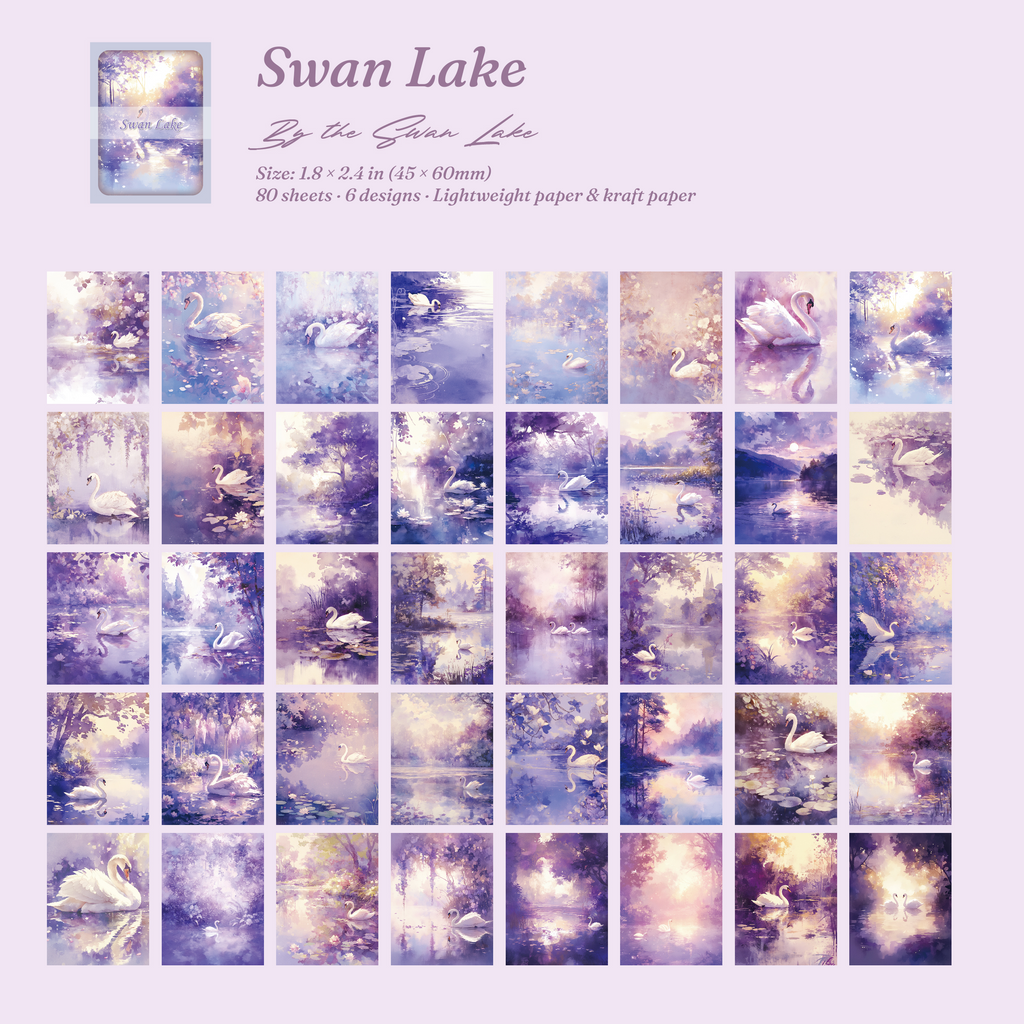 Swan Lake vintage ephemera cards with 80 sheets of elegant swans, water lilies, and dreamy blue lake scenes.