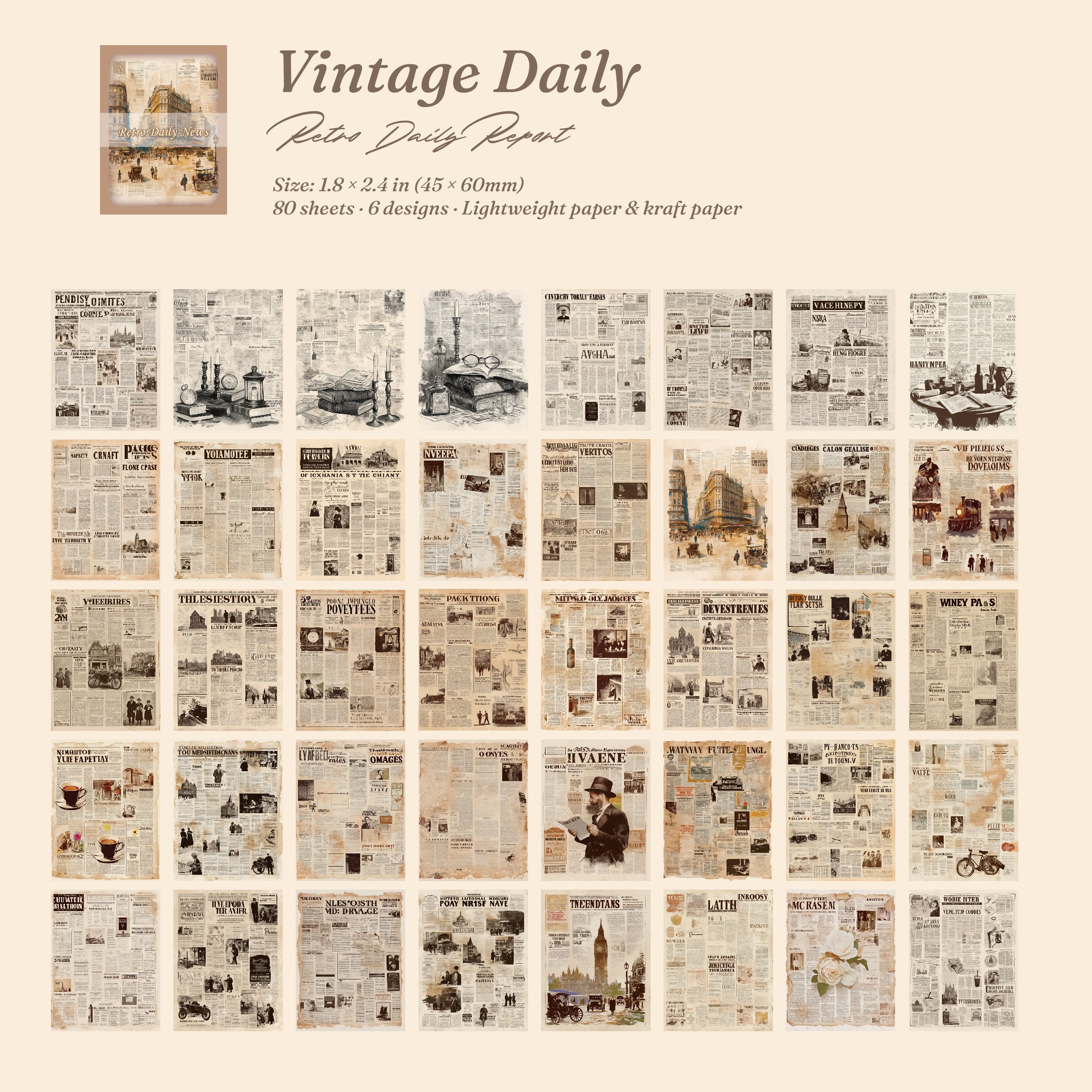 Vintage Daily ephemera card collection with 80 sheets of antique newspaper clippings, ads, and retro typography.