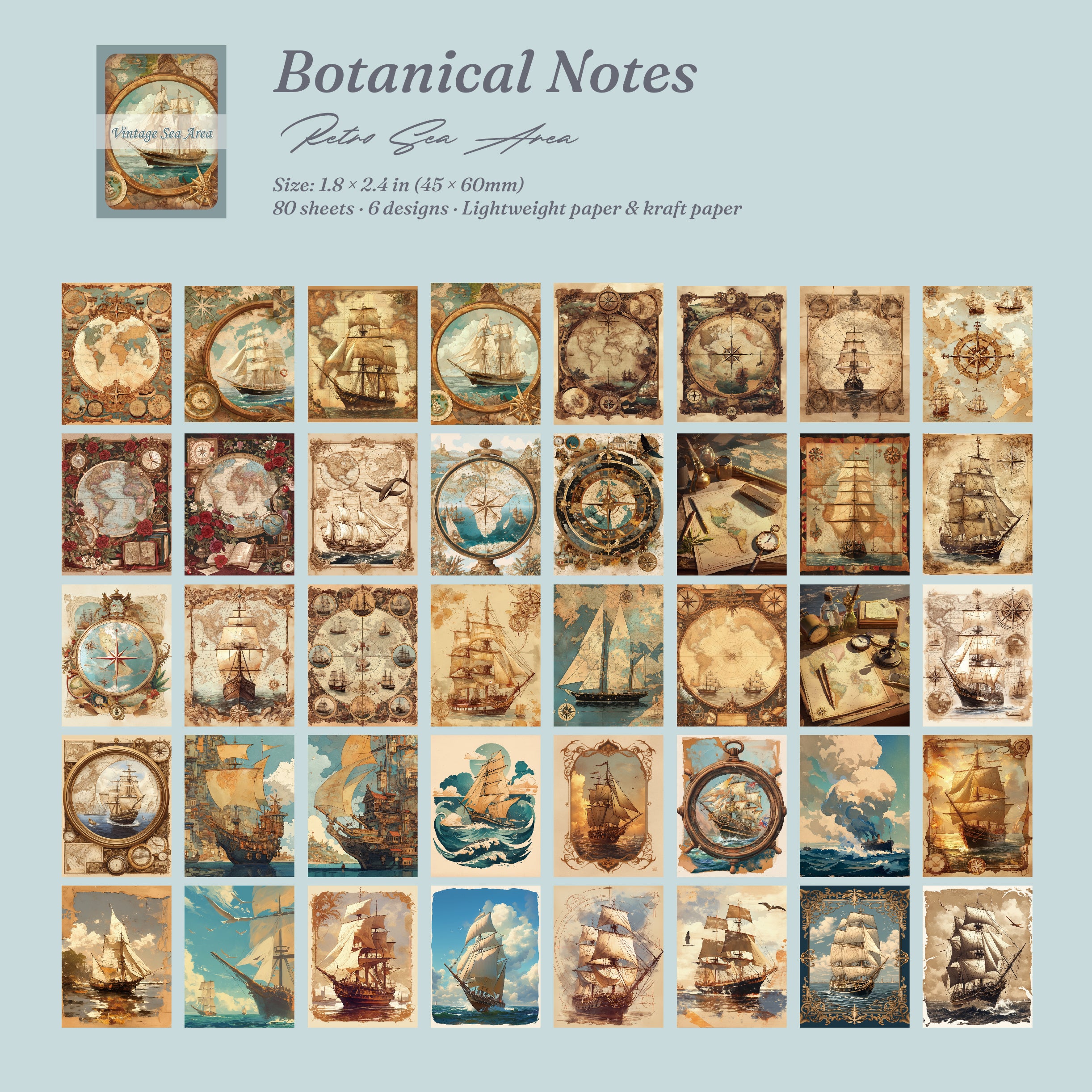 Vintage Seas ephemera card collection with 80 sheets of maritime maps, shells, and nautical illustrations.