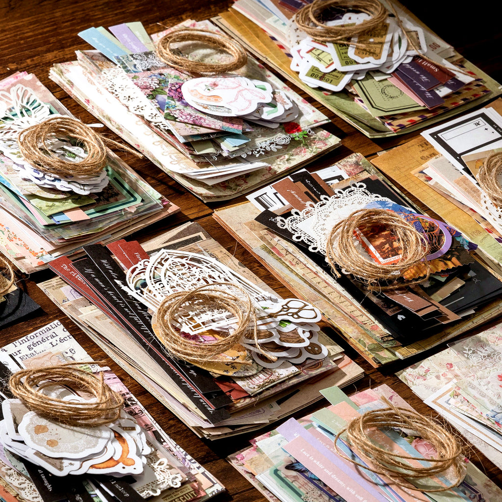  Vintage mixed ephemera kit bundles with stickers, tags, and lace cutouts for scrapbooking
