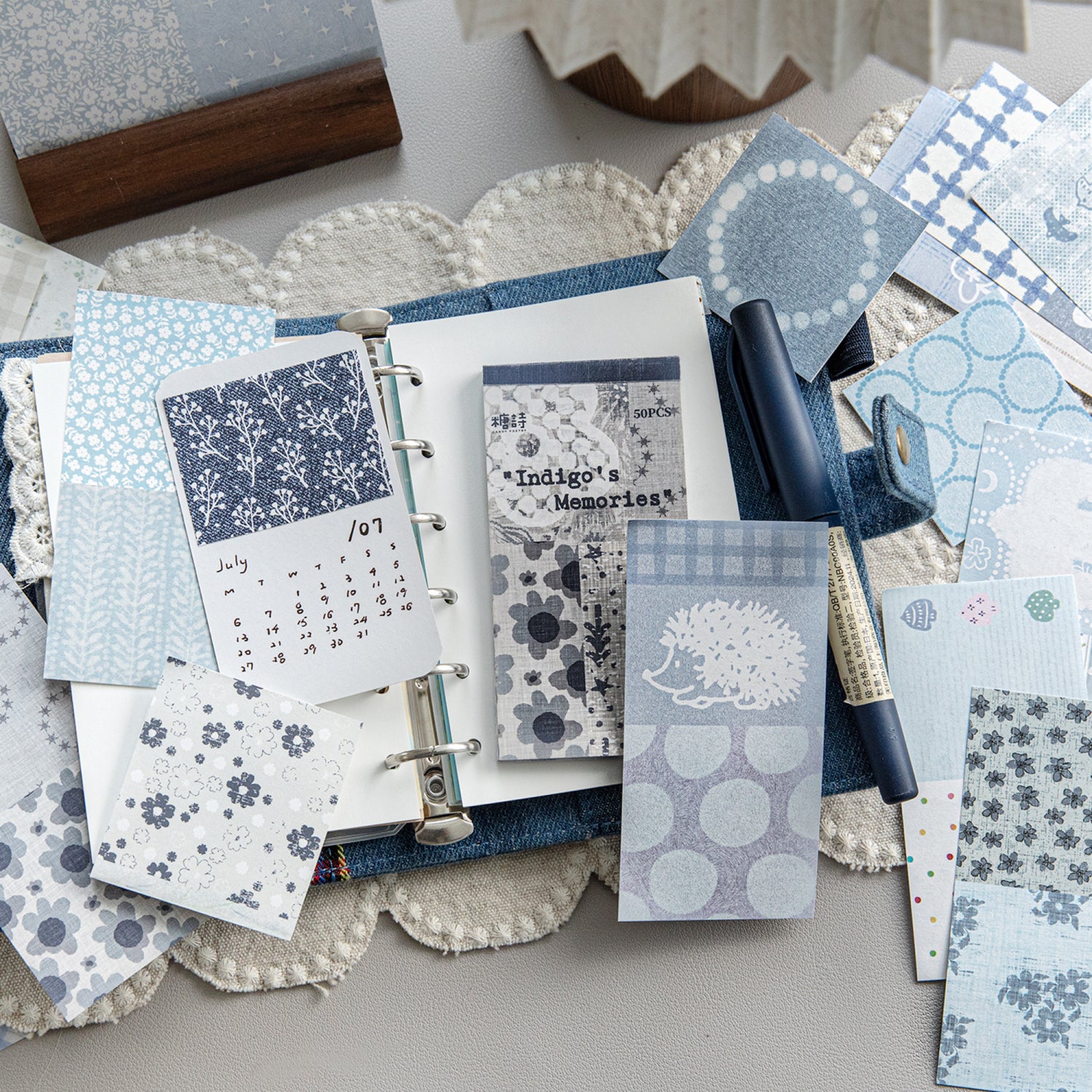 Vintage ephemera paper sheets used in journal collage spread with botanical calendar and floral prints, mixed lightweight paper and PET overlays for scrapbook layering