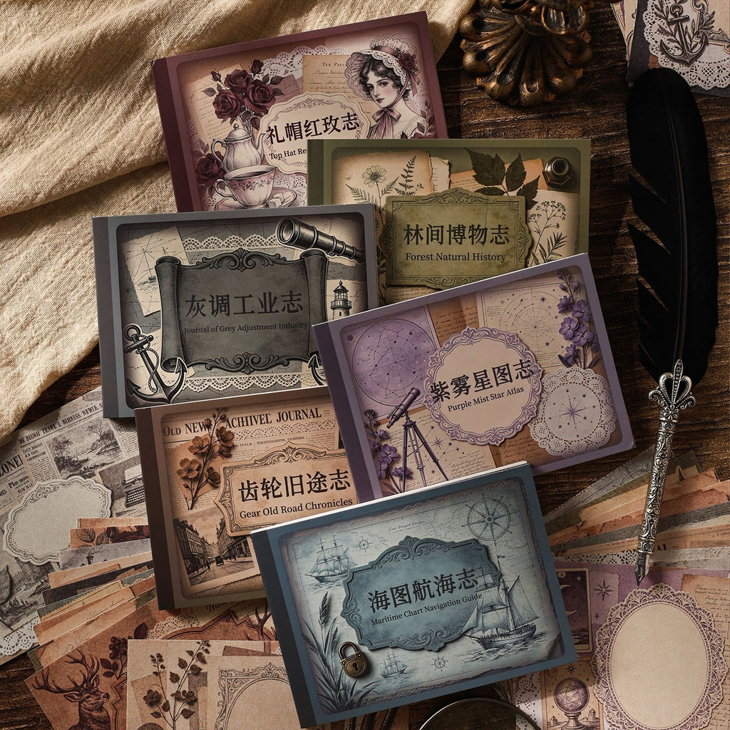 Six distressed vintage paper packs fanned on stacked old books 