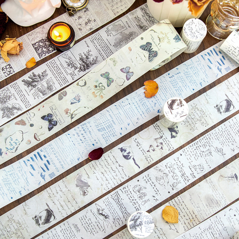Vintage ephemera washi tape flatlay with manuscript botanical butterfly and cat designs on aged paper with candlelight and dried roses