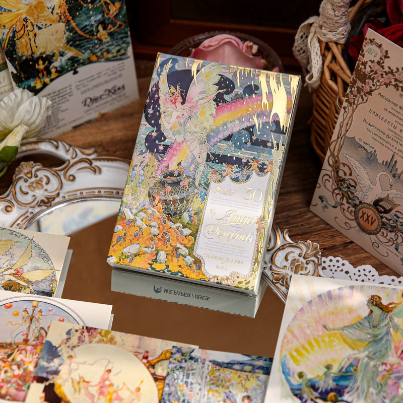 Vintage floral illustration boxed postcards with sealed packaging and scattered cards, romantic botanical designs with gold decorative borders on premium white cardstock