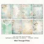 Eight sage-green vintage paper sheets with white roses, delicate lace, and misty watercolor textures in a grid layout.