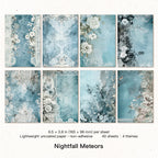 Eight dusty-blue vintage paper sheets with white florals, ornate lace, and cool-toned watercolor washes in a grid layout.