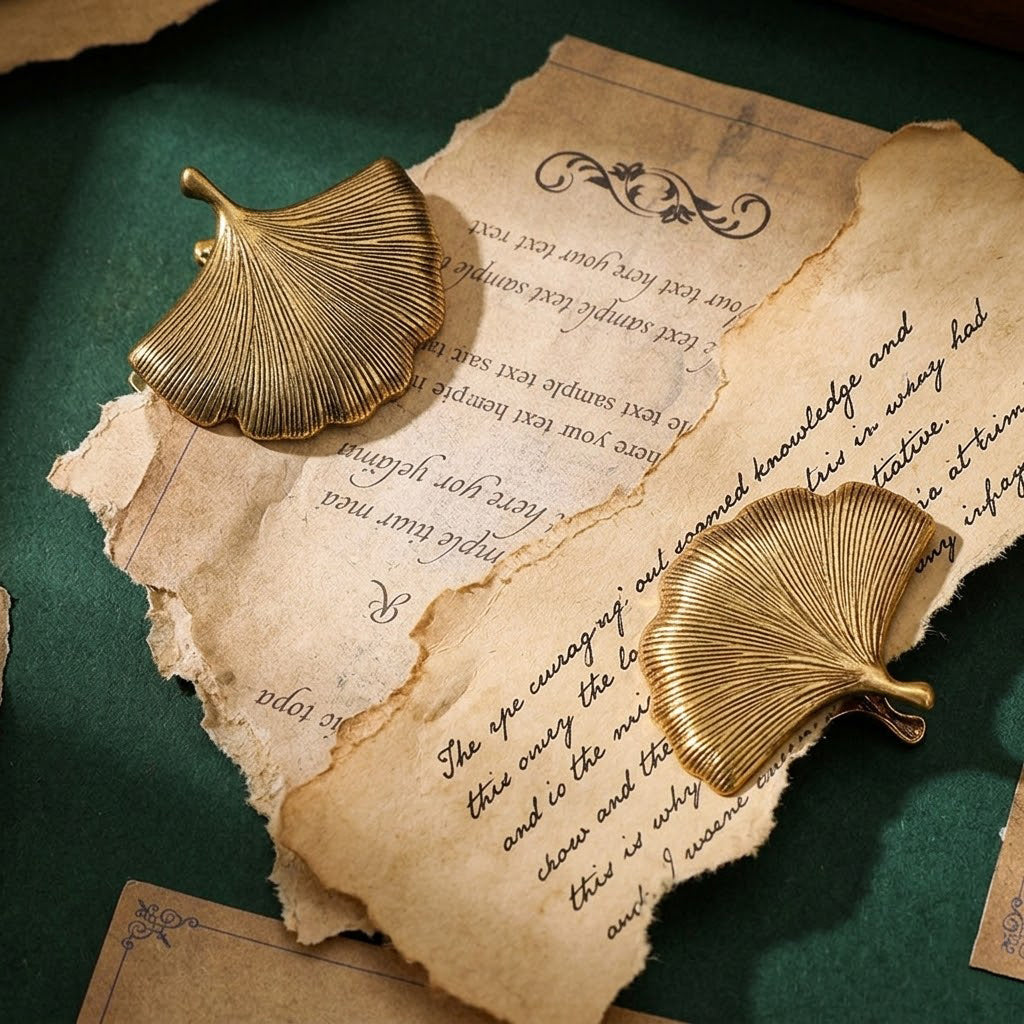 Two vintage gold ginkgo leaf metal clips securing torn pieces of aged manuscript paper, highlighting the detailed botanical veins and retro aesthetic.