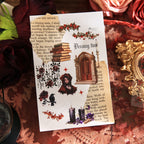 Close-up of vintage gothic sticker with stacked books, candle flames, raven silhouettes, and handwritten literary text on aged parchment background, dark academia aesthetic