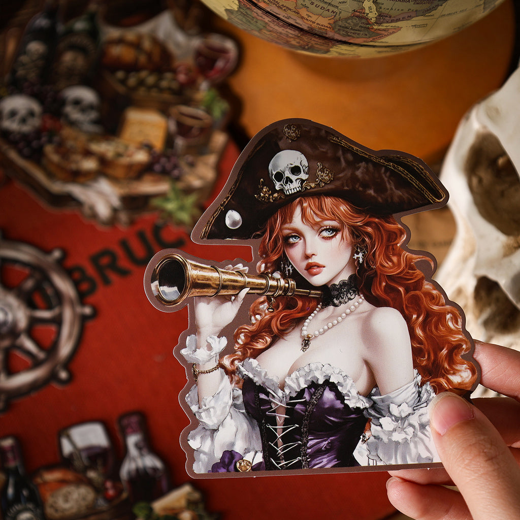 Hand holding a dimensional pirate girl hard card sticker