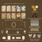 Vintage Mail collage kit contents - 10 newspaper print art papers, 3 gold PET frames, typewriter and telephone PET stickers, pearls, lace and butterflies