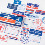 Airmail and Par Avion label stickers in blue and red tones for letter and journal decoration